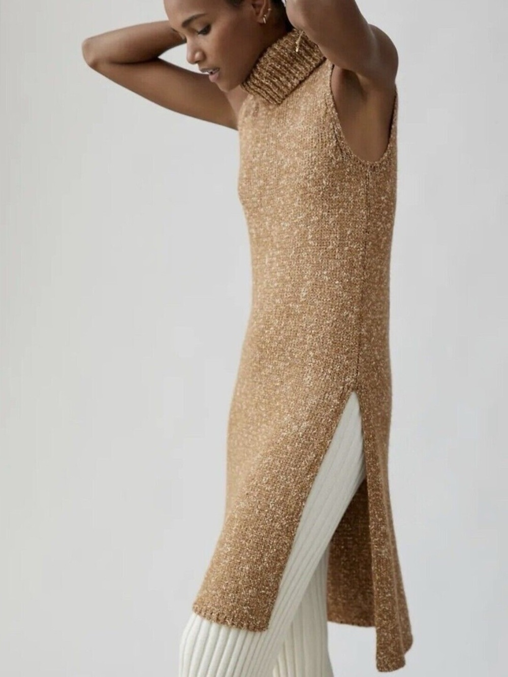 Anthropologie Brown Marl Sleeveless Turtleneck Sweater Midi Dress Size Medium